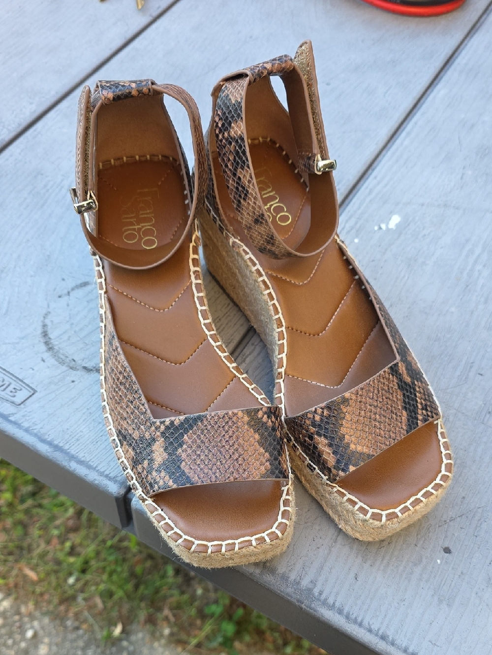 Franco Sarto Tan Brown Snake-Print Espadrille Wedge Sandals